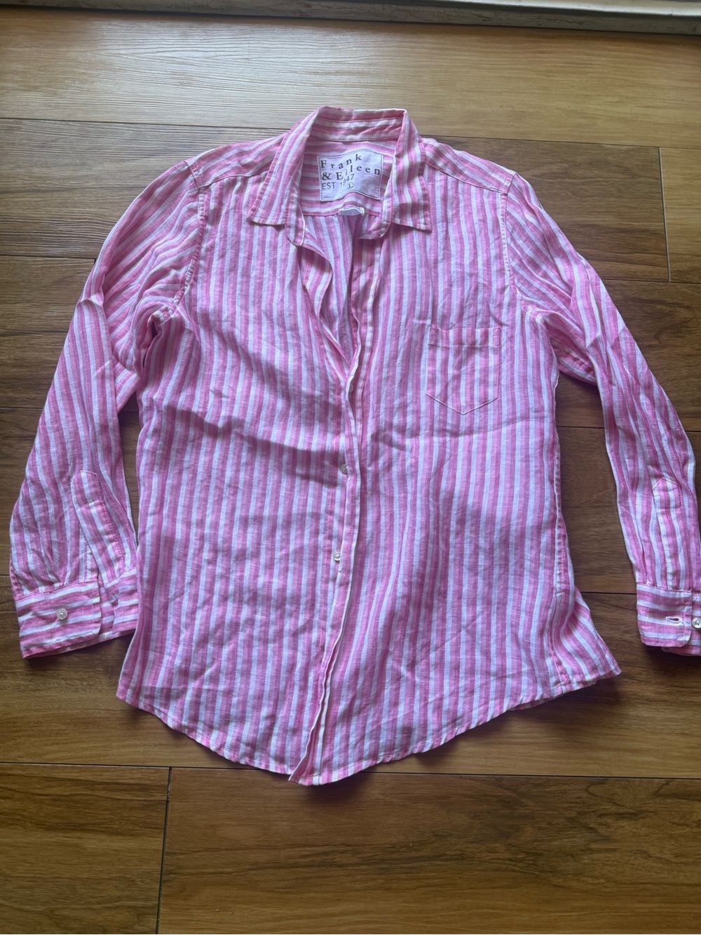 Frank & Eileen Barry Pink White Stripe 100% Linen Button Up Shirt Large USA Made